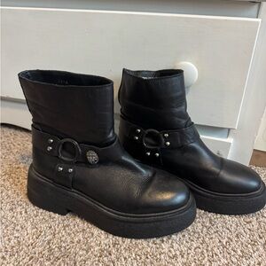 Kurt Geiger Black Platform Ankle Boots with Studded Ring Strap